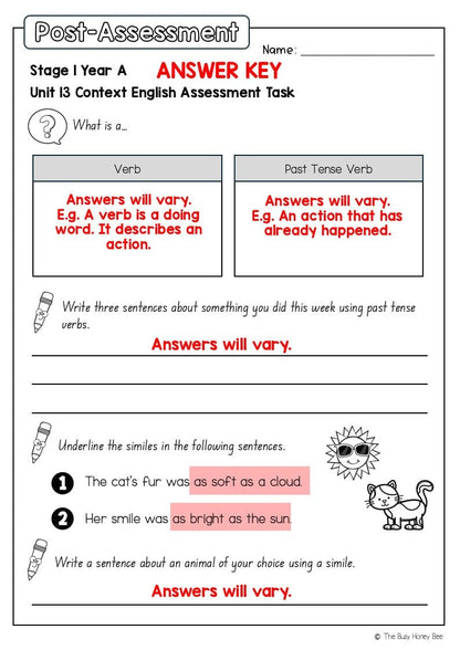 Stage 1 Year A English Pre- and Post-Assessment Unit 13 - Assessment