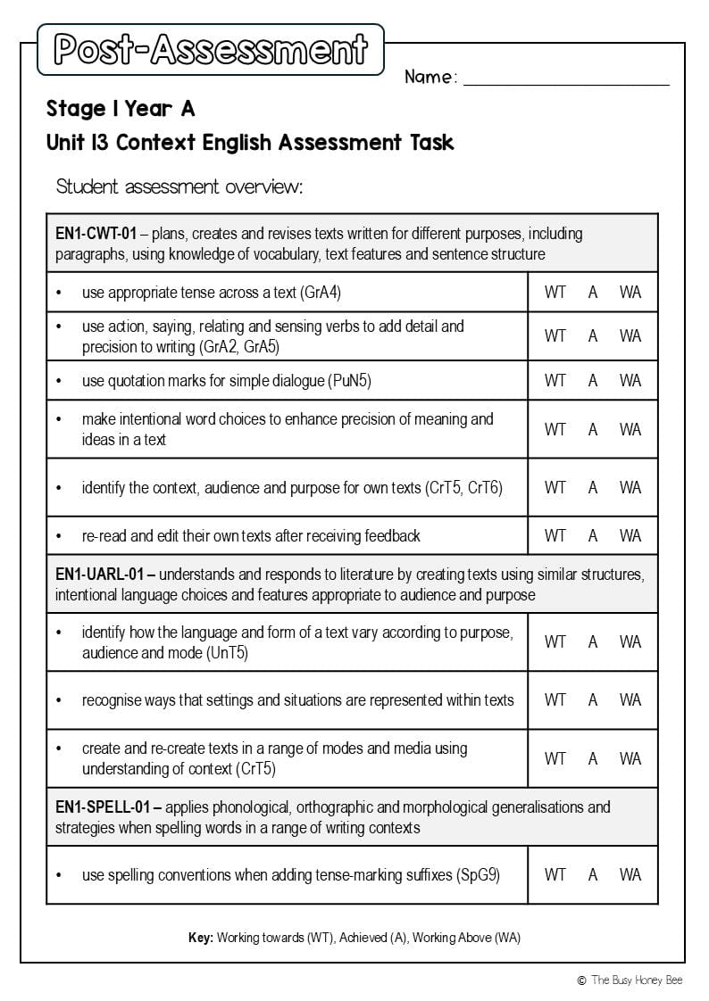 Stage 1 Year A English Pre- and Post-Assessment Unit 13 - Assessment