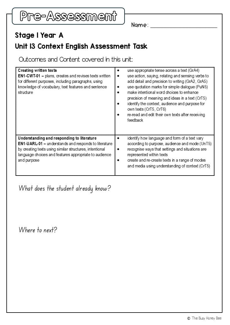 Stage 1 Year A English Pre- and Post-Assessment Unit 13 - Assessment