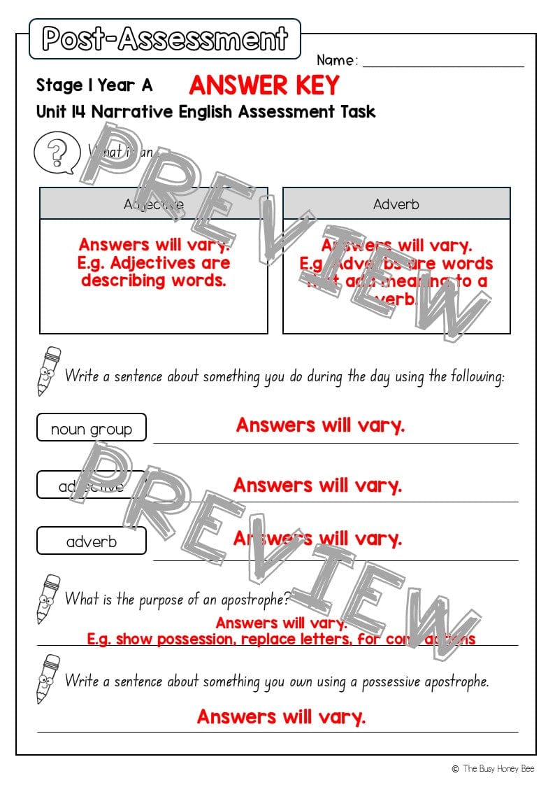 Stage 1 Year A English Pre- and Post-Assessment Unit 14 - Assessment