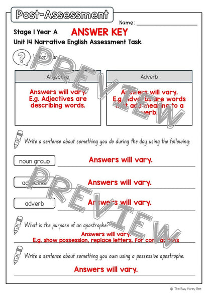 Stage 1 Year A English Pre- and Post-Assessment Unit 14 - Assessment