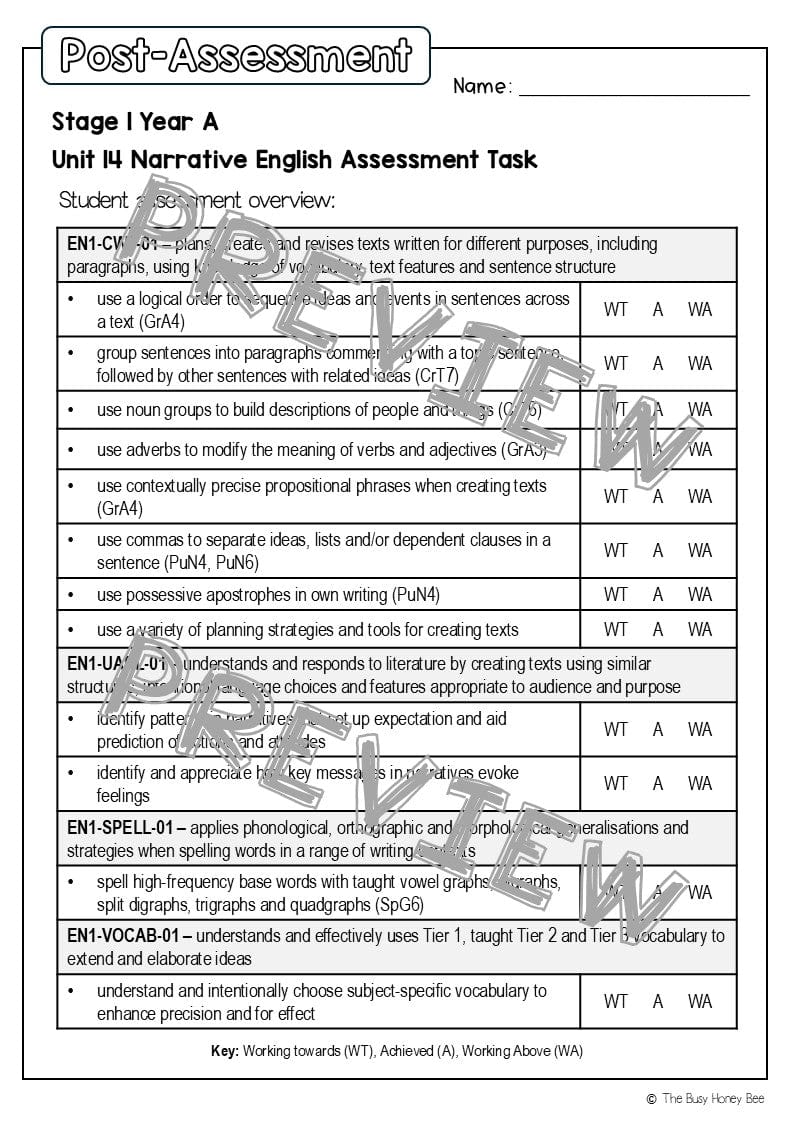 Stage 1 Year A English Pre- and Post-Assessment Unit 14 - Assessment