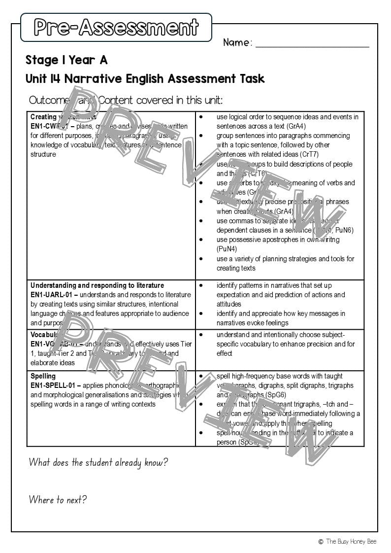 Stage 1 Year A English Pre- and Post-Assessment Unit 14 - Assessment