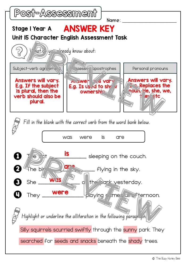Stage 1 Year A English Pre- and Post-Assessment Unit 15 - Assessment