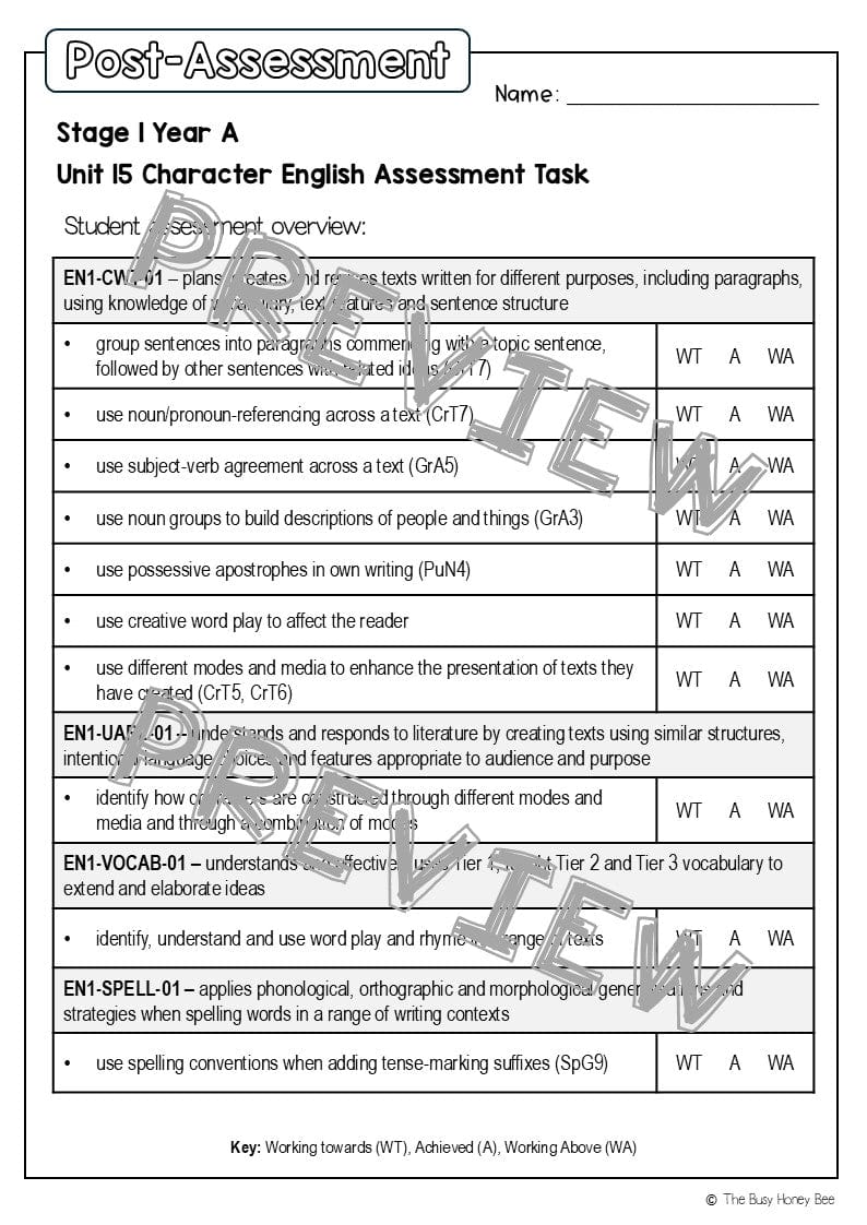 Stage 1 Year A English Pre- and Post-Assessment Unit 15 - Assessment