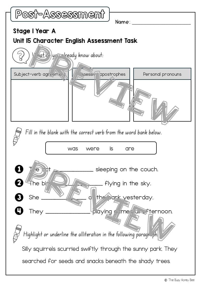 Stage 1 Year A English Pre- and Post-Assessment Unit 15 - Assessment