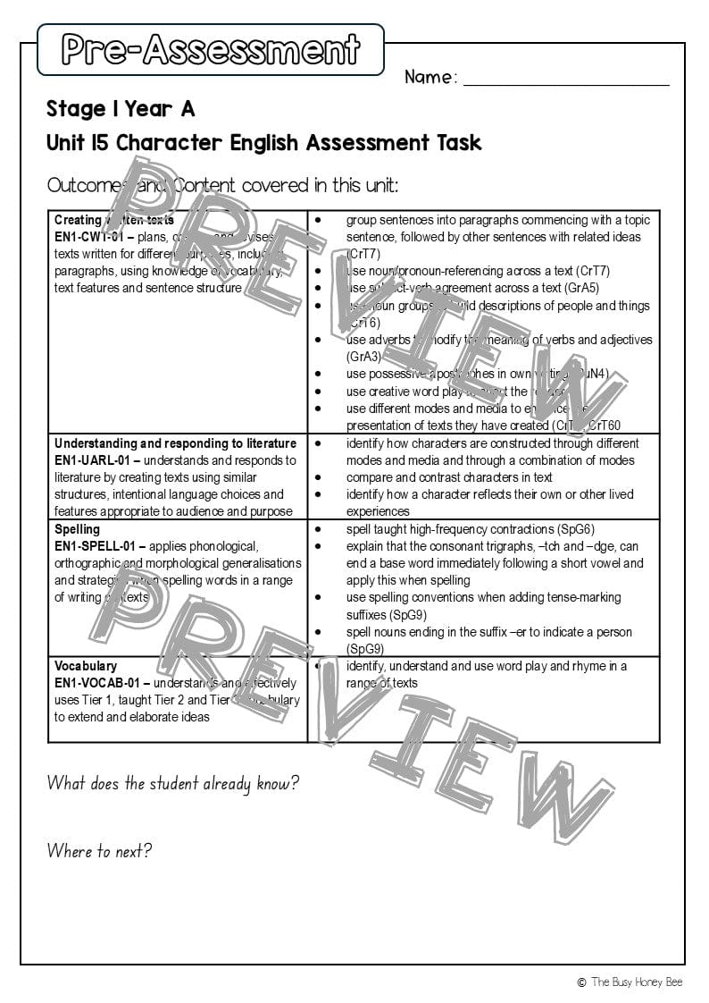 Stage 1 Year A English Pre- and Post-Assessment Unit 15 - Assessment