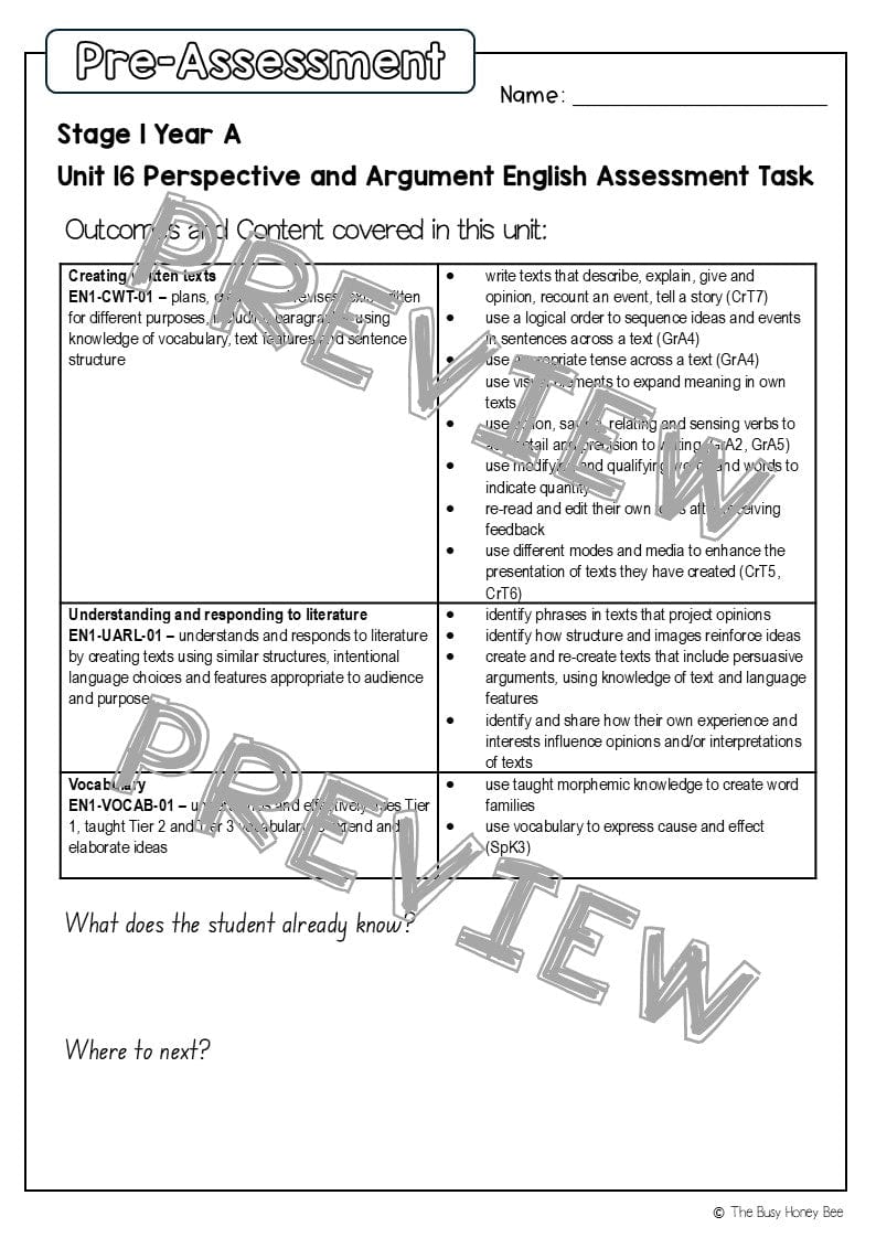 Stage 1 Year A English Pre- and Post-Assessment Unit 16 - Assessment