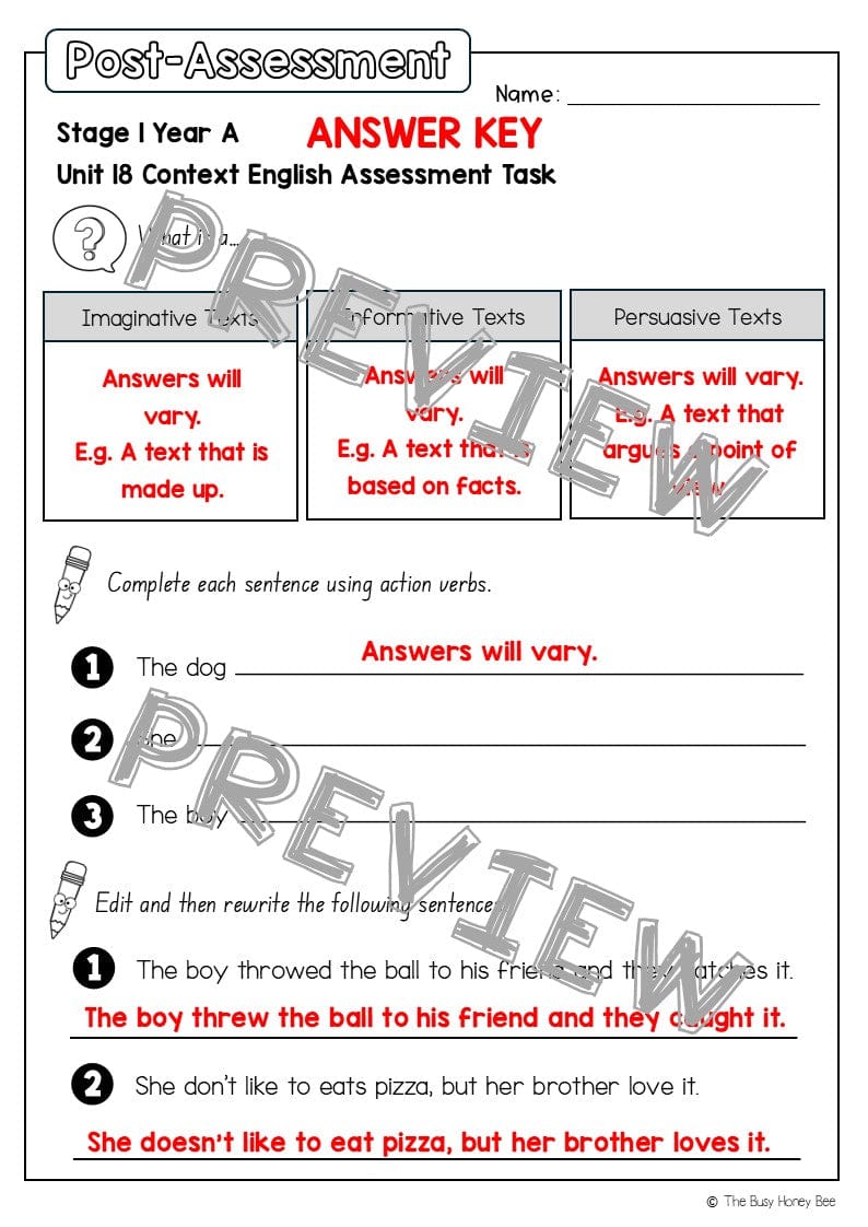 Stage 1 Year A English Pre- and Post-Assessment Unit 18 - Assessment