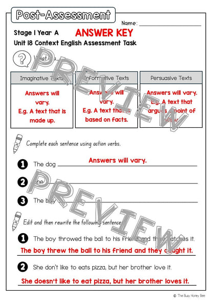 Stage 1 Year A English Pre- and Post-Assessment Unit 18 - Assessment