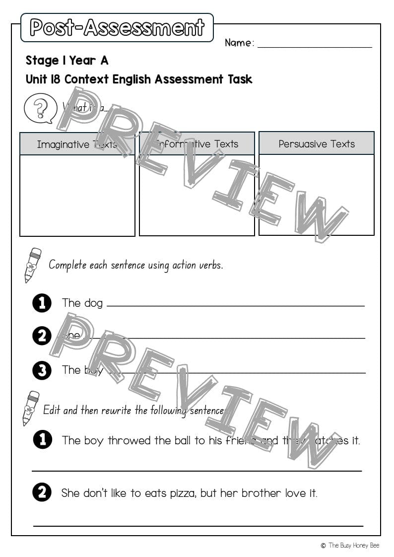Stage 1 Year A English Pre- and Post-Assessment Unit 18 - Assessment
