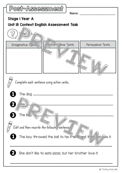 Stage 1 Year A English Pre- and Post-Assessment Unit 18 - Assessment