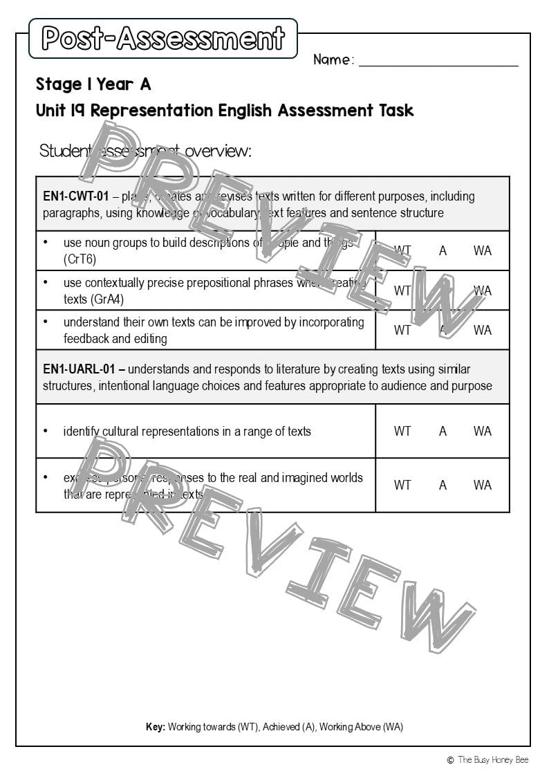 Stage 1 Year A English Pre- and Post-Assessment Unit 19 - Assessment