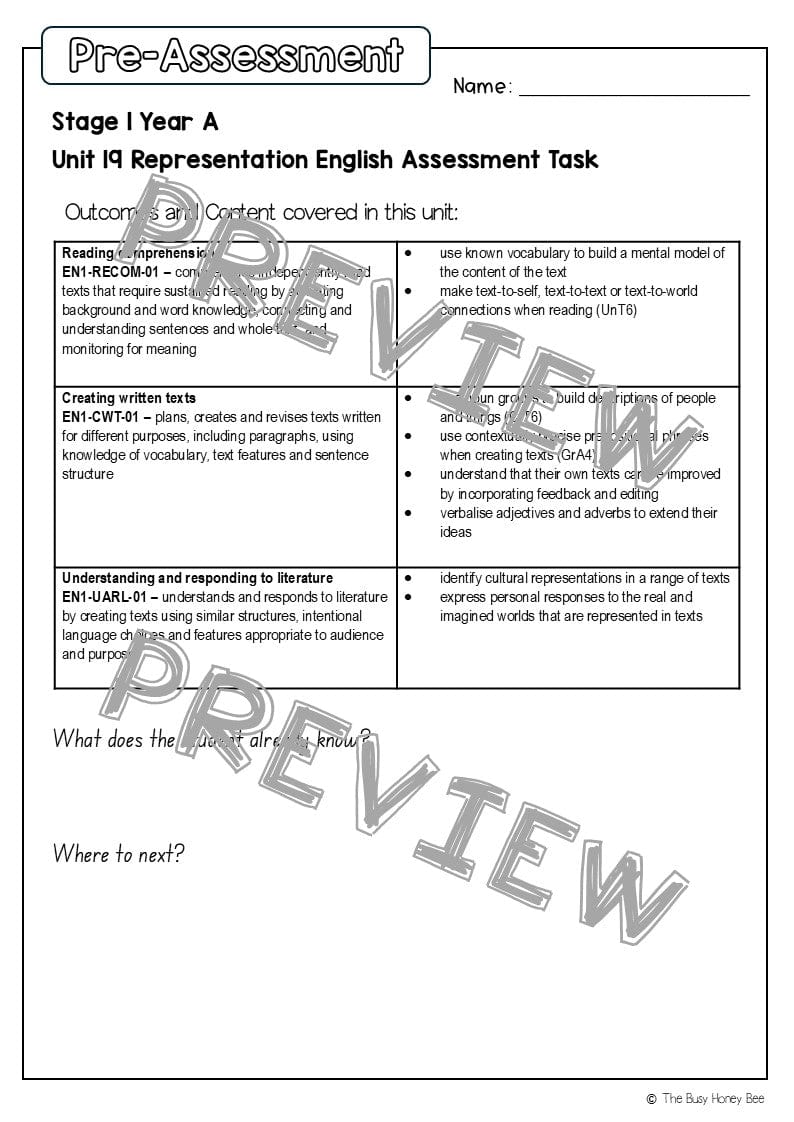 Stage 1 Year A English Pre- and Post-Assessment Unit 19 - Assessment