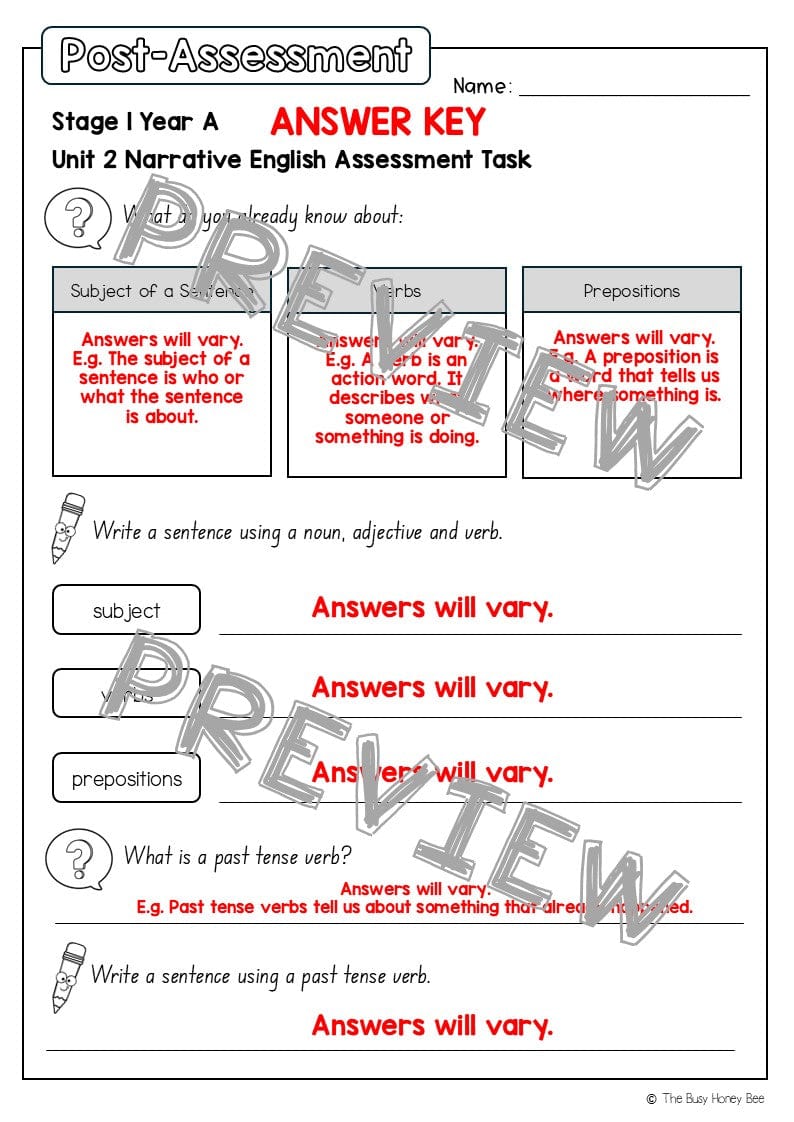 Stage 1 Year A English Pre- and Post-Assessment Unit 2 - Assessment