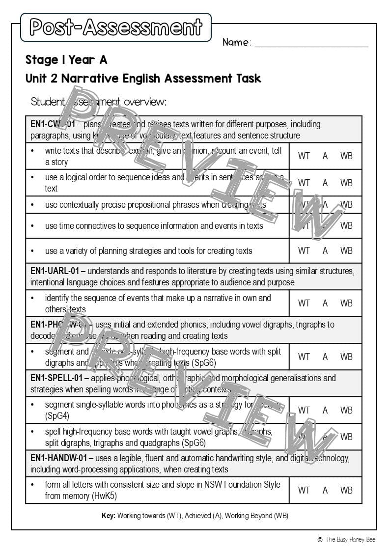 Stage 1 Year A English Pre- and Post-Assessment Unit 2 - Assessment