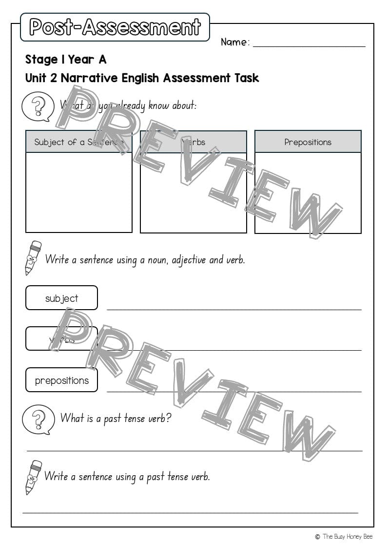 Stage 1 Year A English Pre- and Post-Assessment Unit 2 - Assessment