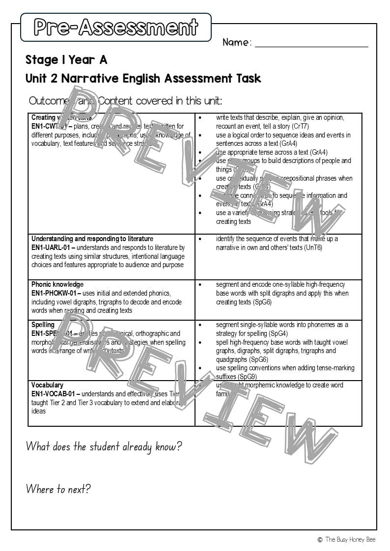 Stage 1 Year A English Pre- and Post-Assessment Unit 2 - Assessment