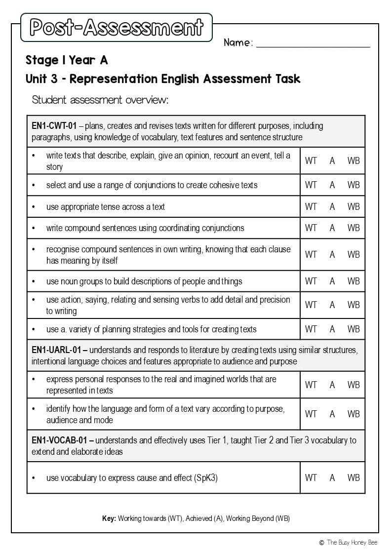 Stage 1 Year A English Pre- and Post-Assessment Unit 3 - Assessment