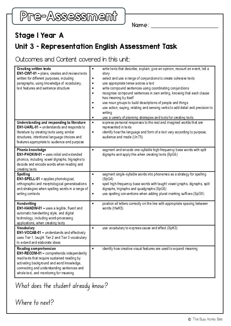 Stage 1 Year A English Pre- and Post-Assessment Unit 3 - Assessment