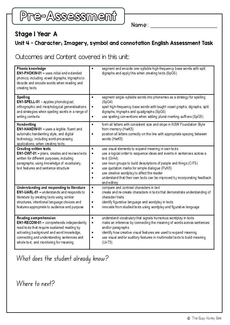 Stage 1 Year A English Pre- and Post-Assessment Unit 4 - Assessment