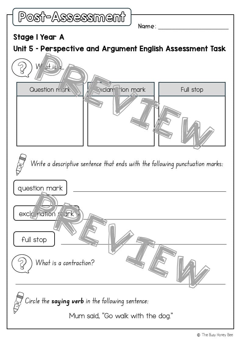 Stage 1 Year A English Pre- and Post-Assessment Unit 5 - Assessment