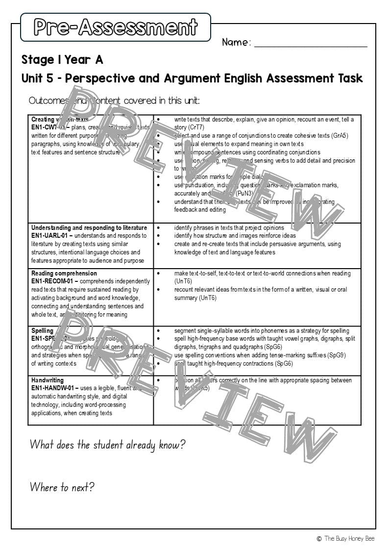 Stage 1 Year A English Pre- and Post-Assessment Unit 5 - Assessment