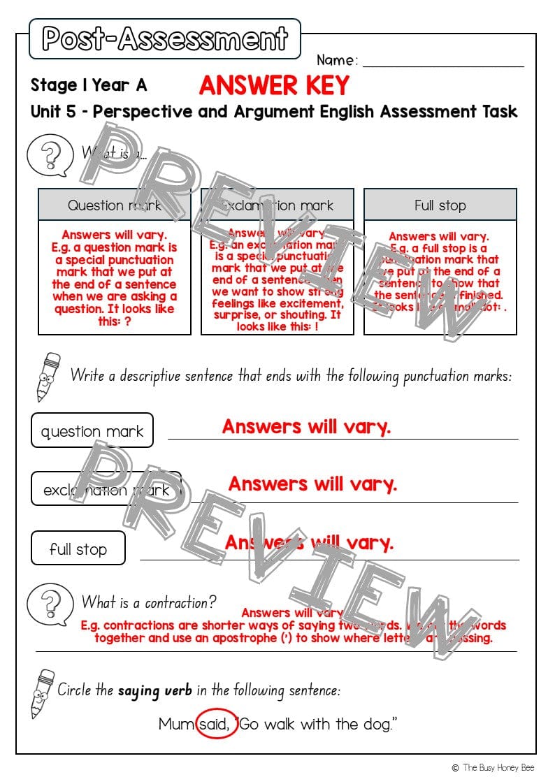 Stage 1 Year A English Pre- and Post-Assessment Unit 5 - Assessment