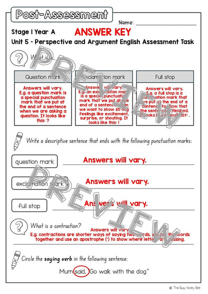 Stage 1 Year A English Pre- and Post-Assessment Unit 5 - Assessment