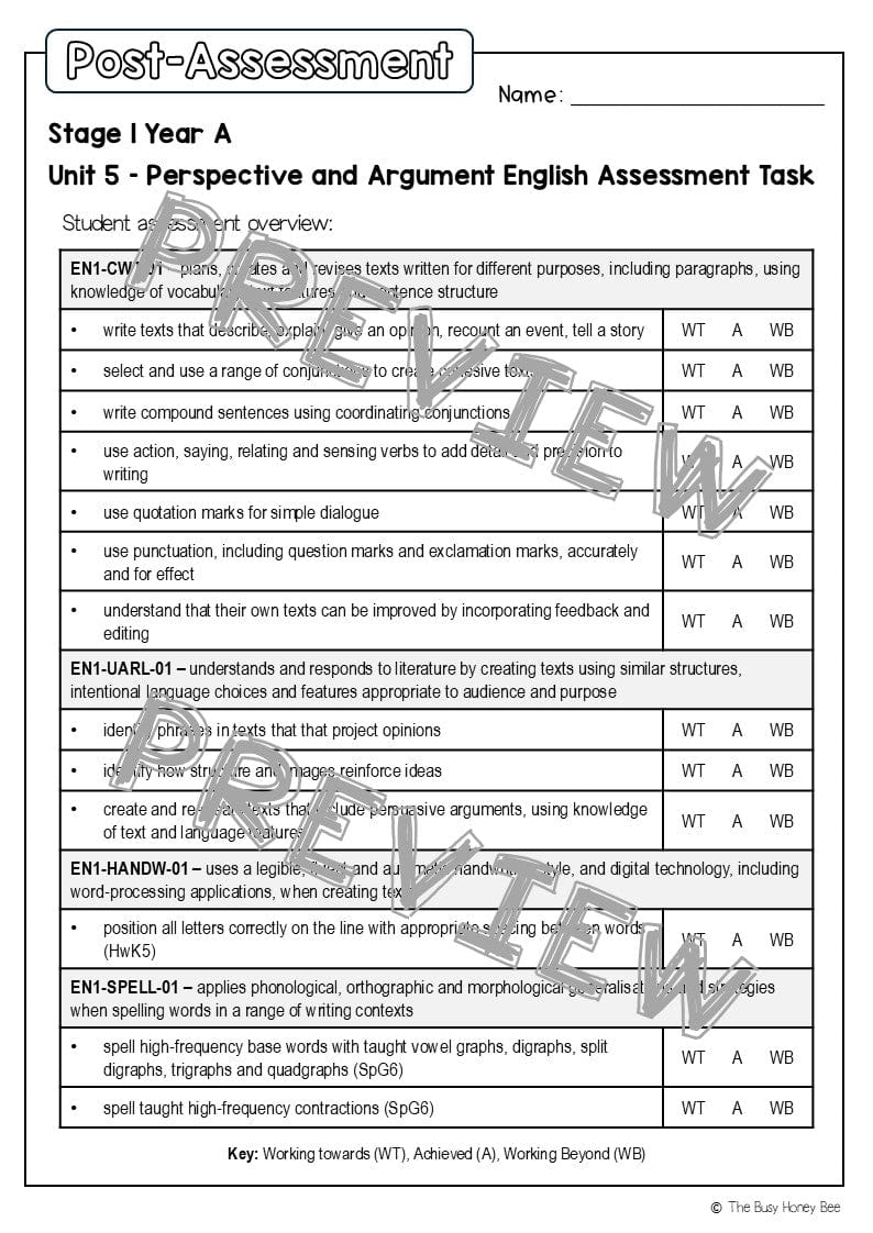 Stage 1 Year A English Pre- and Post-Assessment Unit 5 - Assessment