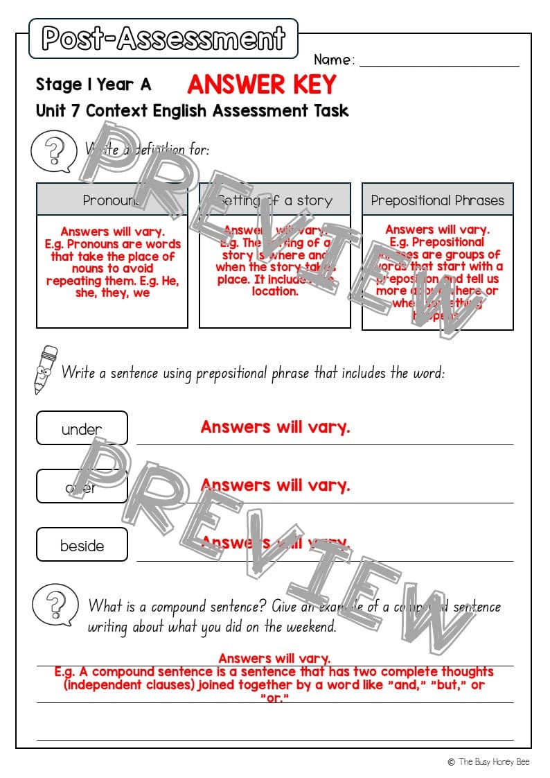 Stage 1 Year A English Pre- and Post-Assessment Unit 7 - Assessment