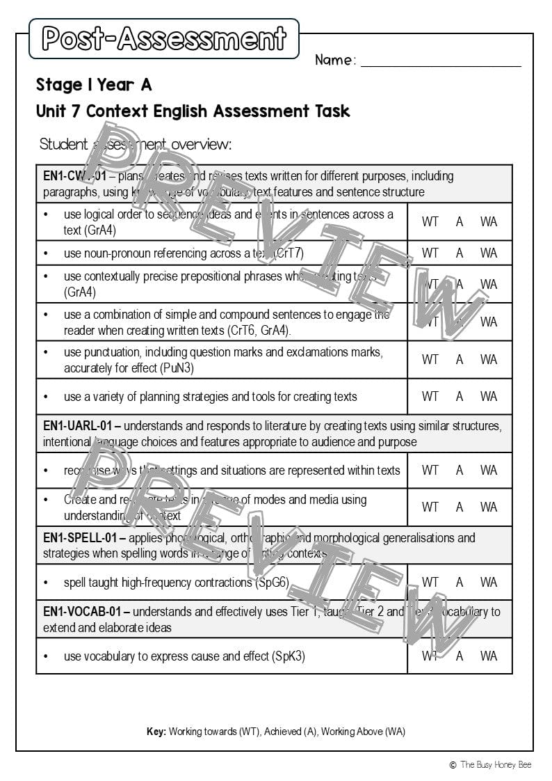 Stage 1 Year A English Pre- and Post-Assessment Unit 7 - Assessment