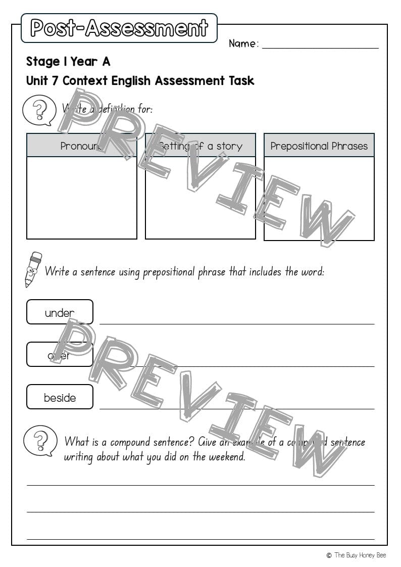 Stage 1 Year A English Pre- and Post-Assessment Unit 7 - Assessment