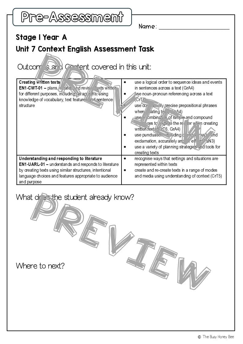 Stage 1 Year A English Pre- and Post-Assessment Unit 7 - Assessment