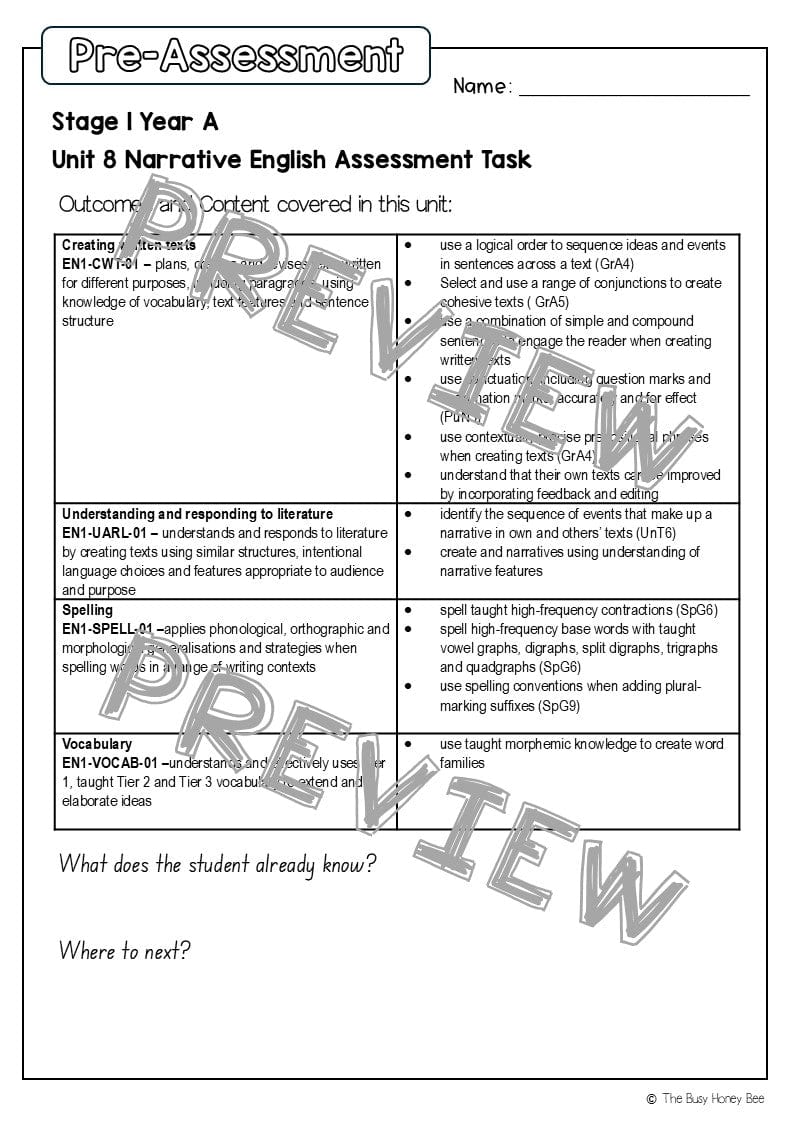 Stage 1 Year A English Pre- and Post-Assessment Unit 8 - Assessment