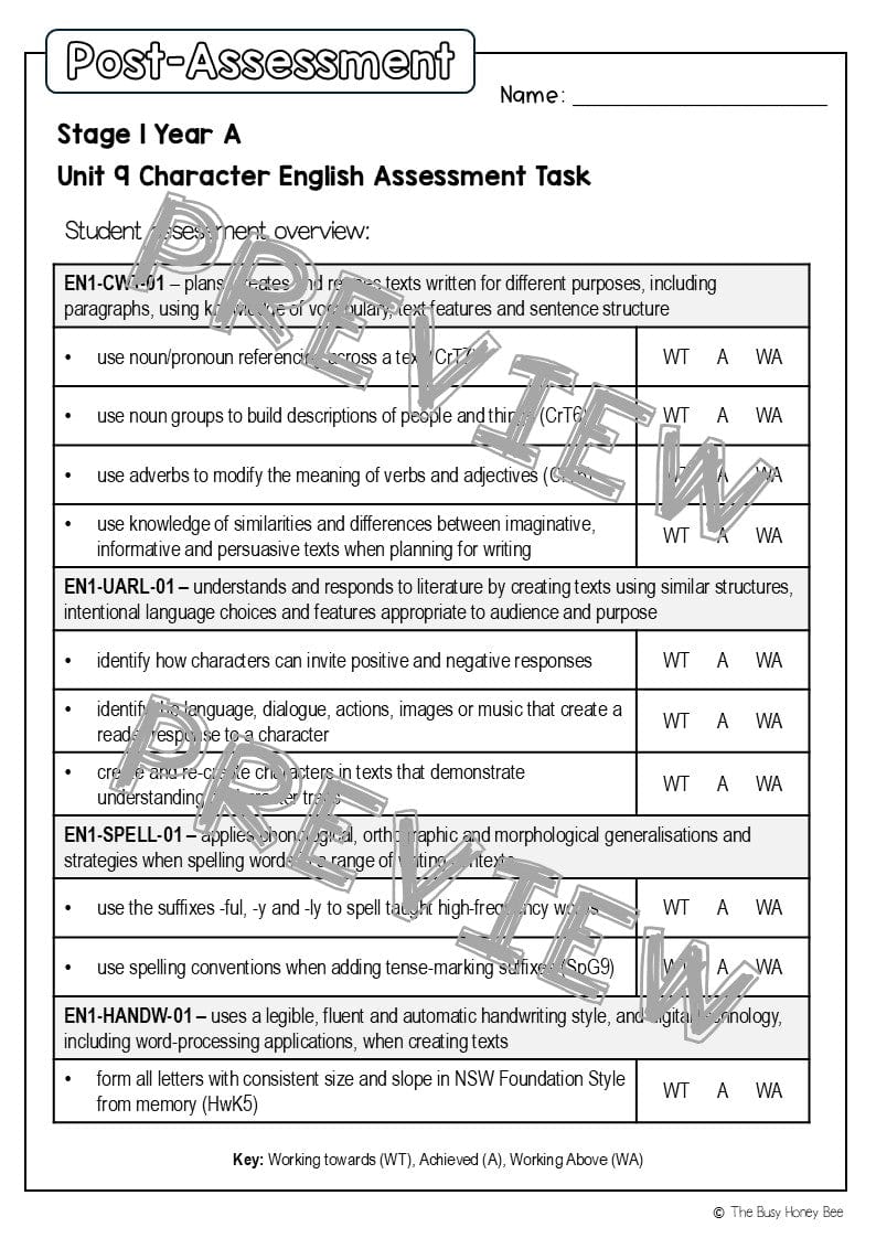 Stage 1 Year A English Pre- and Post-Assessment Unit 9 - Assessment