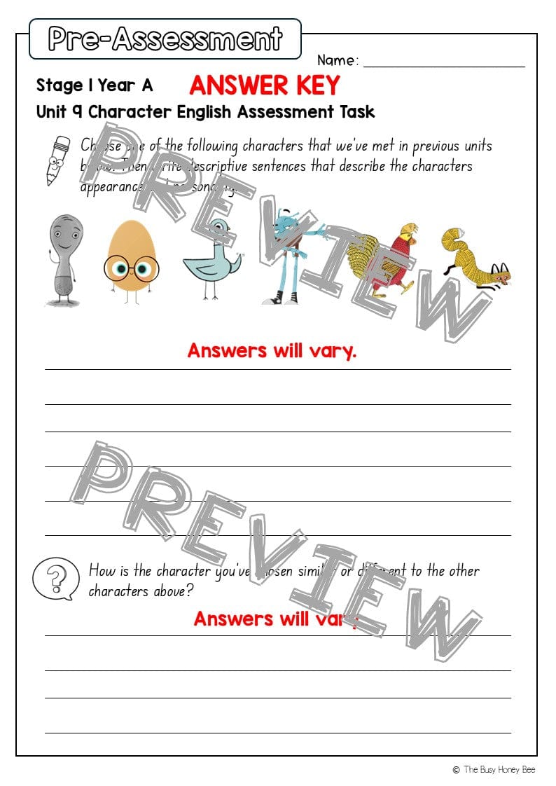 Stage 1 Year A English Pre- and Post-Assessment Unit 9 - Assessment