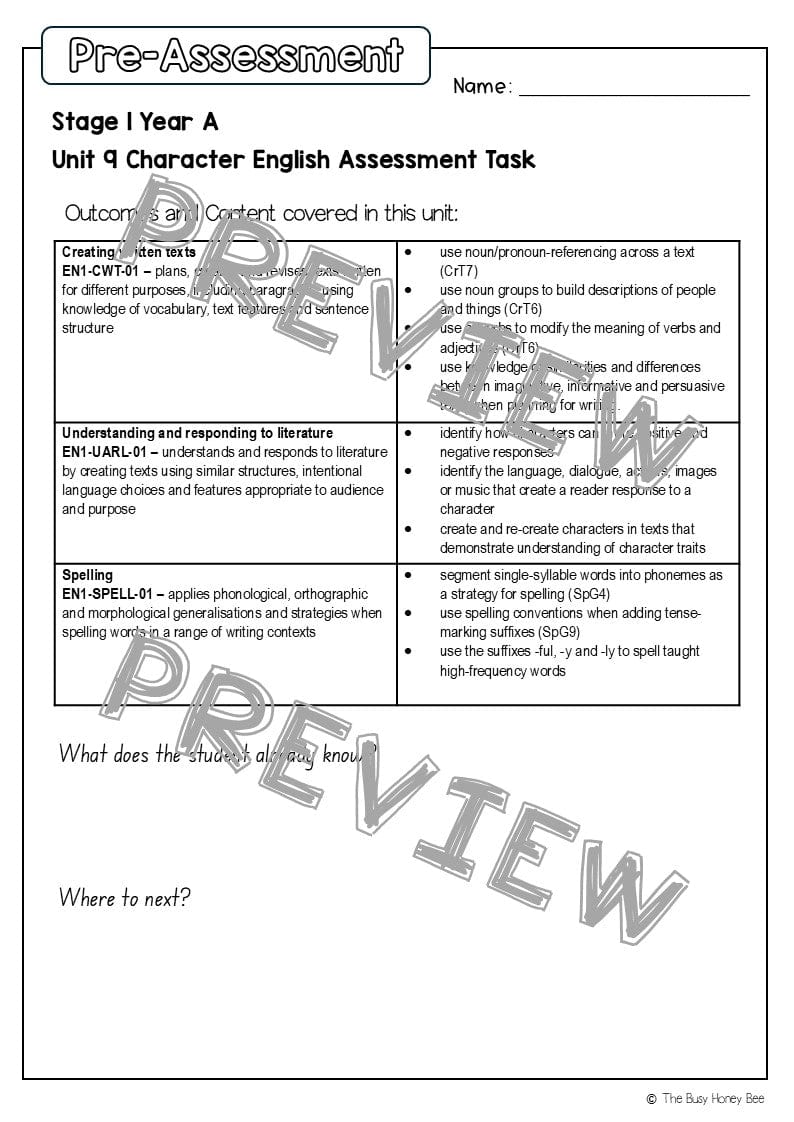 Stage 1 Year A English Pre- and Post-Assessment Unit 9 - Assessment