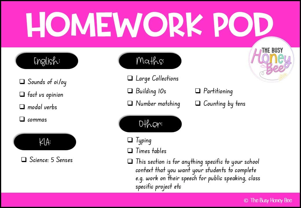 Stage 1 Year A Homework/Learning Pod 11 - Homework | Casual Teaching
