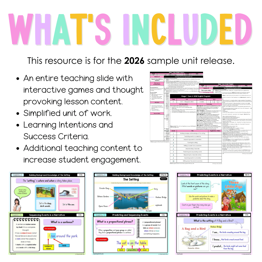 Stage 1 Year A NSW English Teaching Slides UNIT 1 A Bag and a Bird 2026 -