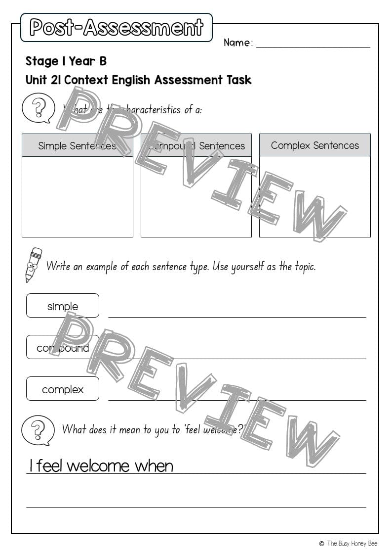 Stage 1 Year B English Pre- and Post-Assessment Unit 21 -