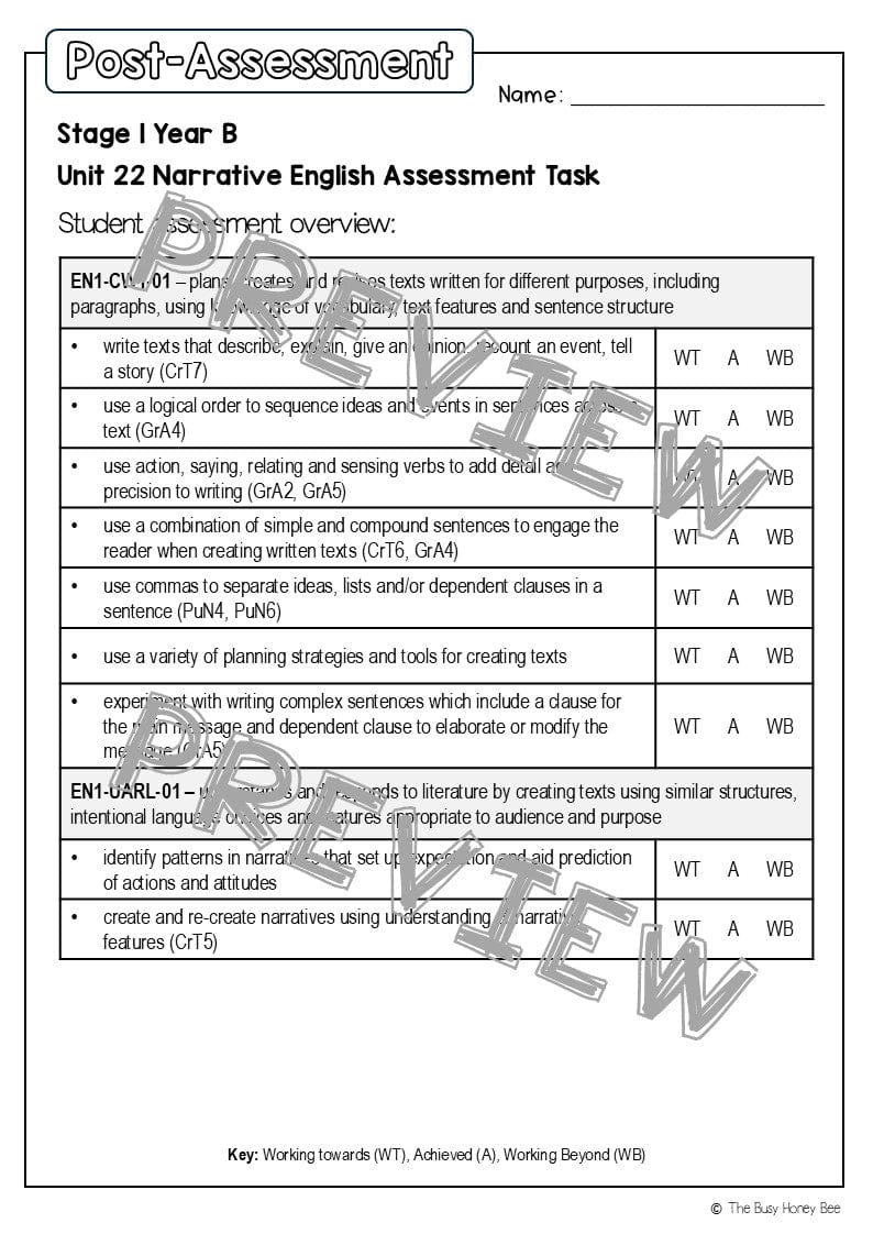 Stage 1 Year B English Pre- and Post-Assessment Unit 22 -