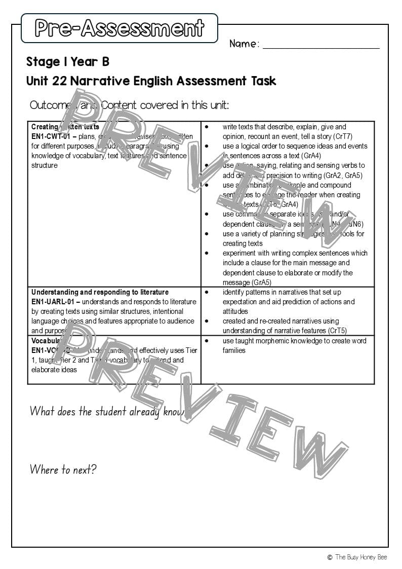Stage 1 Year B English Pre- and Post-Assessment Unit 22 -