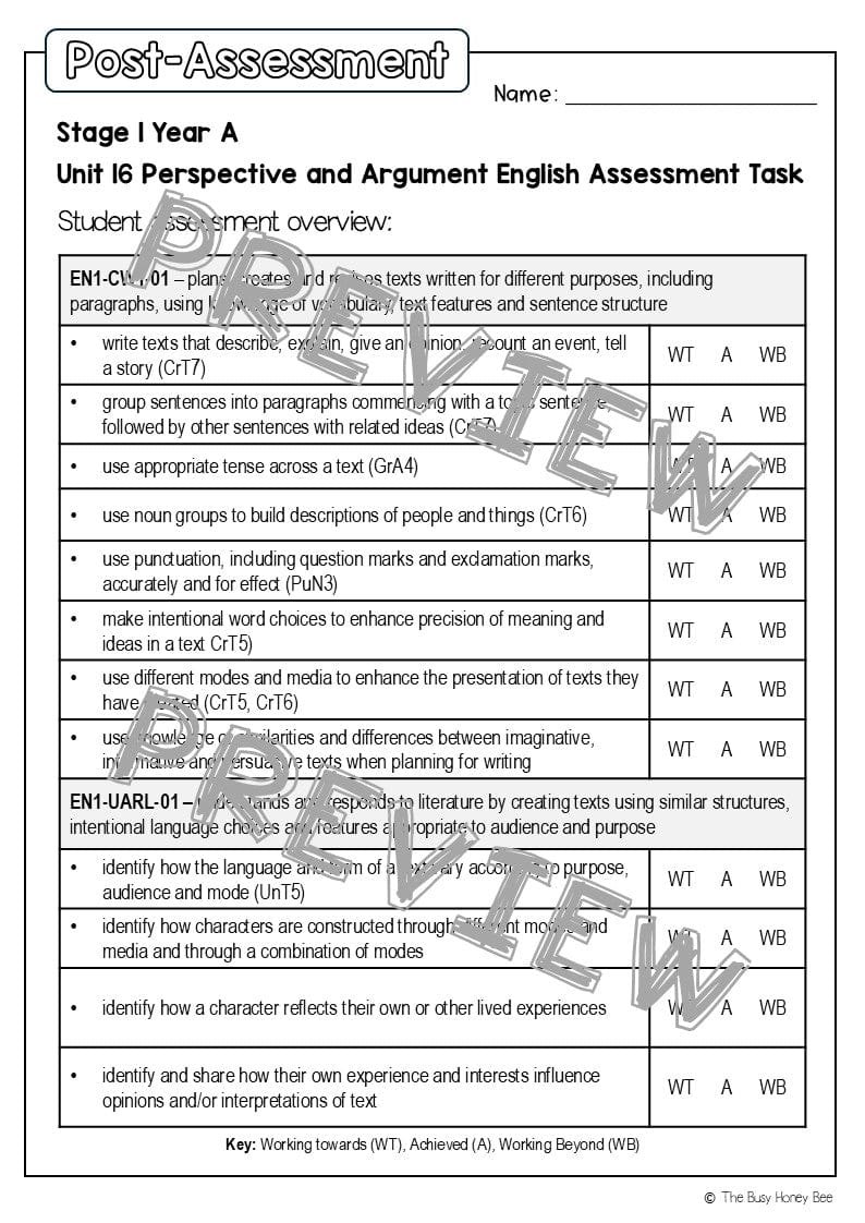 Stage 1 Year B English Pre- and Post-Assessment Unit 23 -