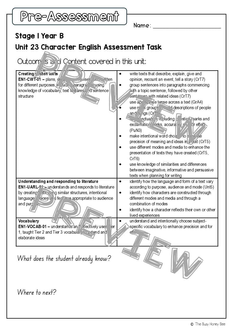 Stage 1 Year B English Pre- and Post-Assessment Unit 23 -