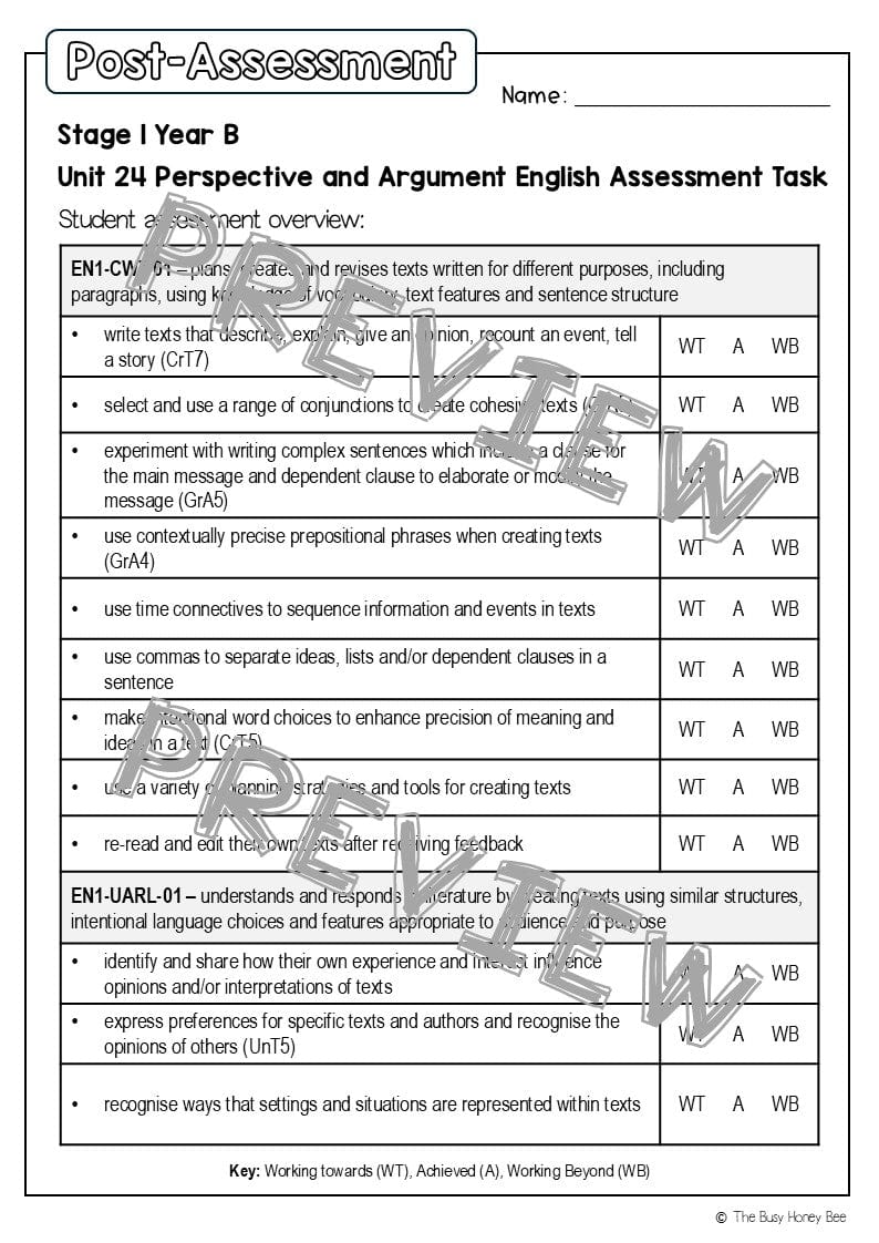 Stage 1 Year B English Pre- and Post-Assessment Unit 24 -