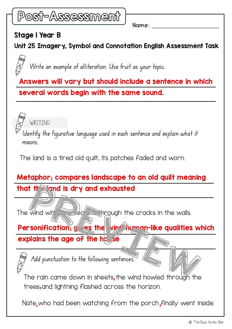 Stage 1 Year B English Pre- and Post-Assessment Unit 25 -