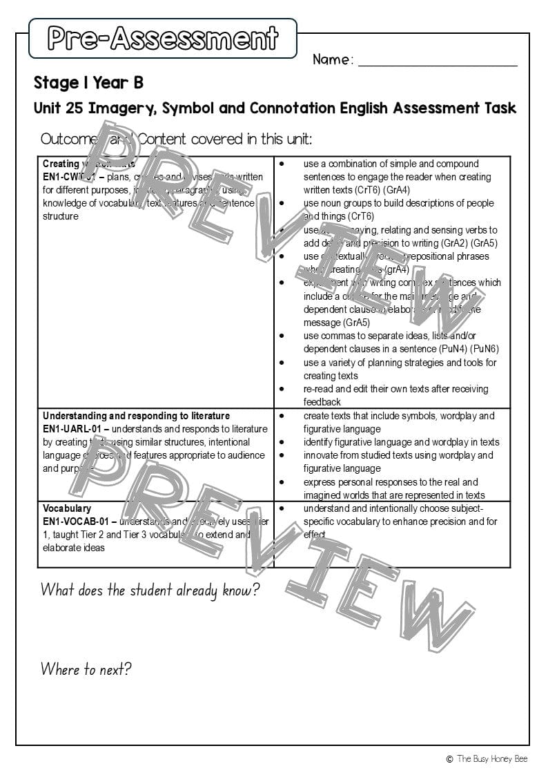 Stage 1 Year B English Pre- and Post-Assessment Unit 25 -