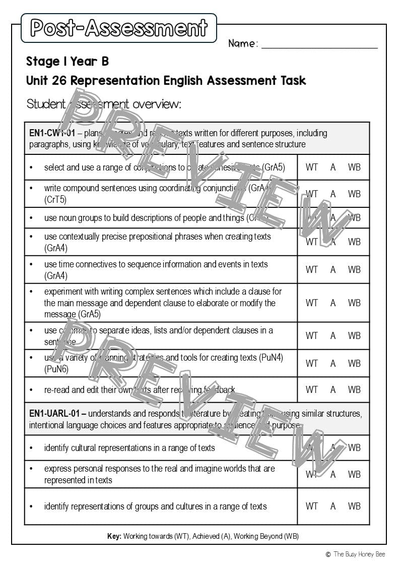 Stage 1 Year B English Pre- and Post-Assessment Unit 26 -