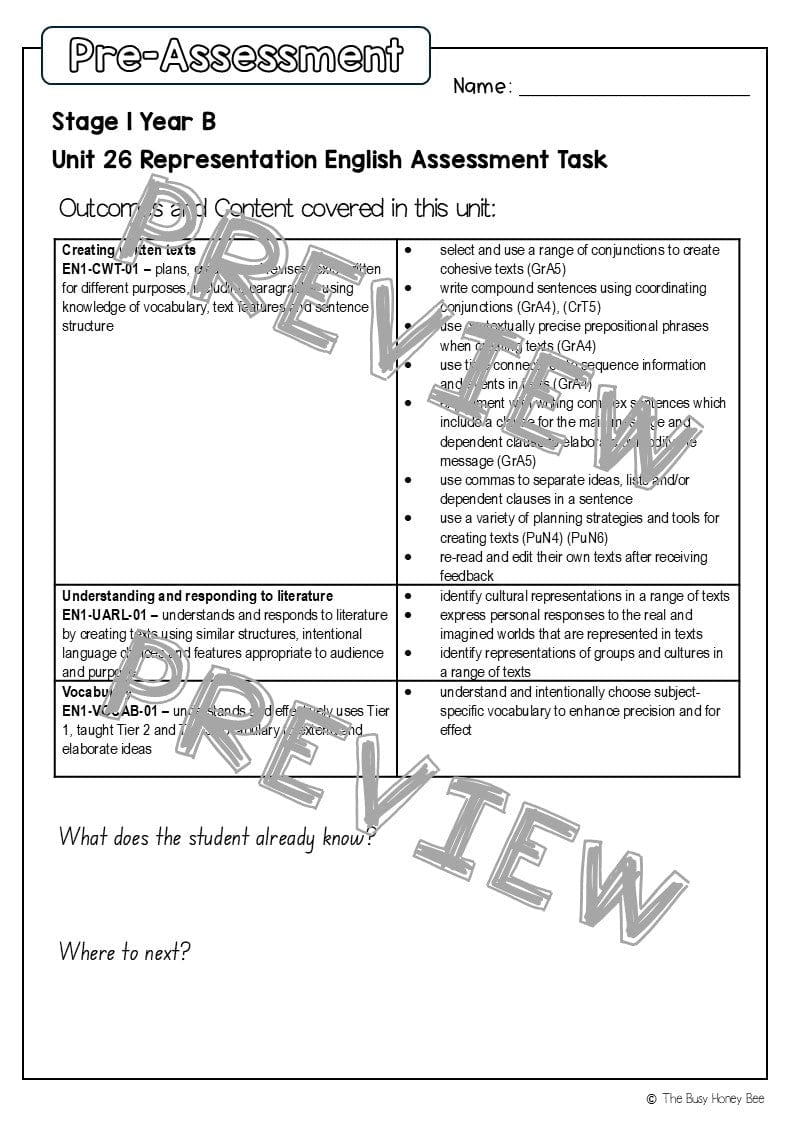 Stage 1 Year B English Pre- and Post-Assessment Unit 26 -